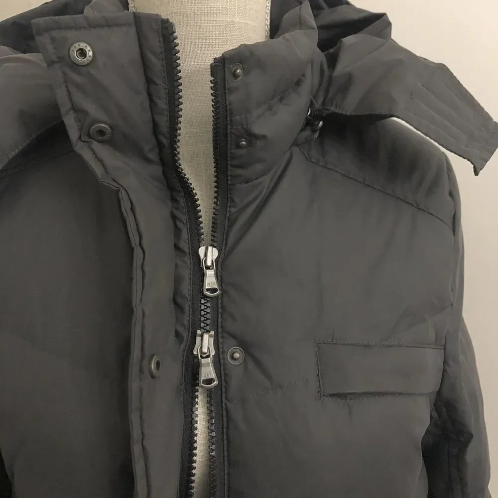 UGG Lambskin 80/20 Duck Down Belted Hooded Mid Length Puffer Coat Woman Size M - Picture 6 of 16